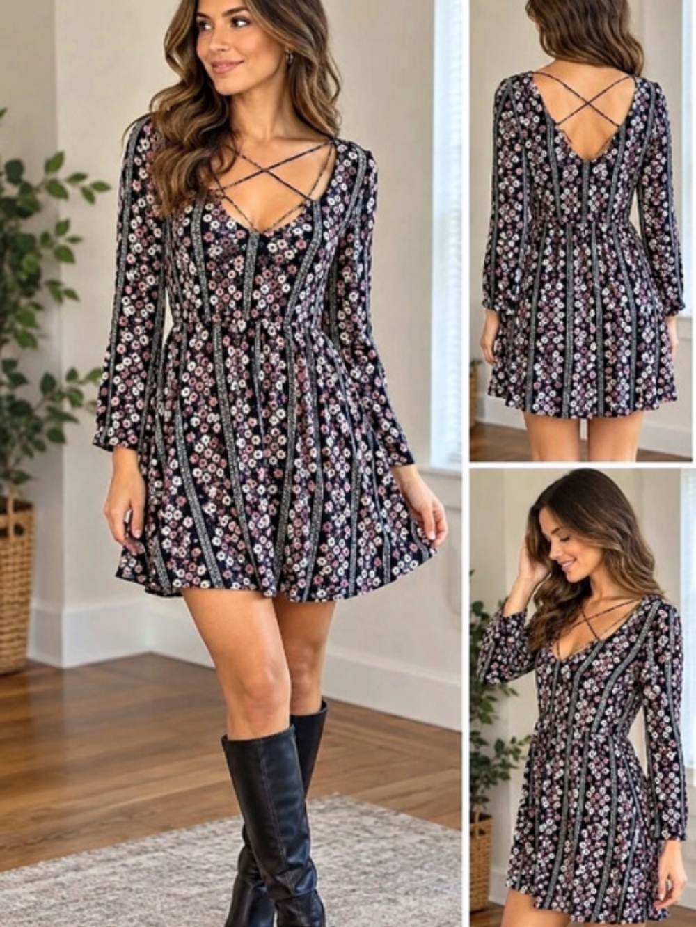 Forever 21 Boho Whimsigoth Floral Open Back Mini Dress S